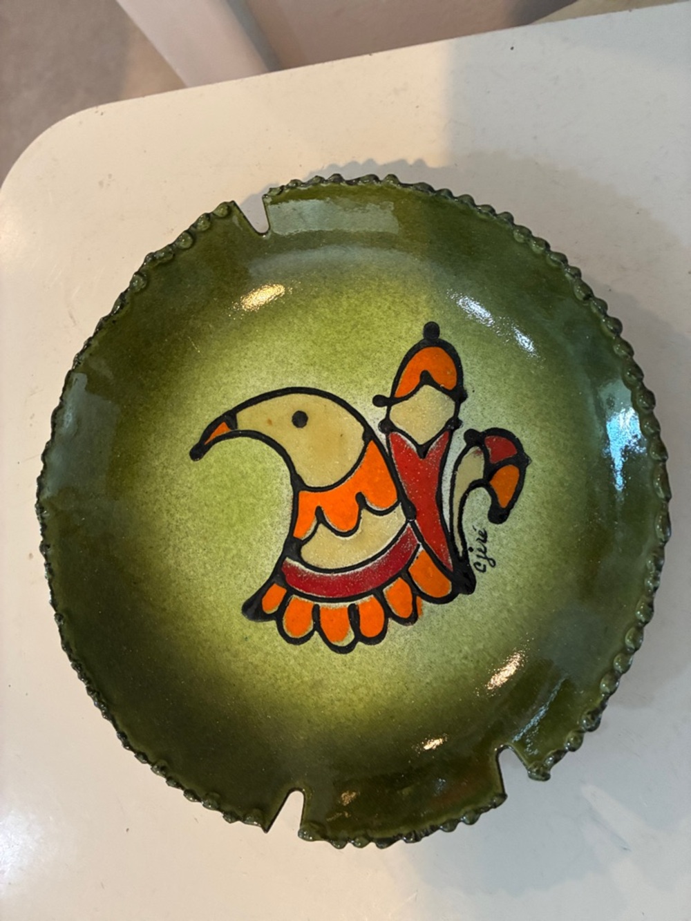 Vintage MCM collectible enamel orange green  Bird Bowl ashtray  C.Jere